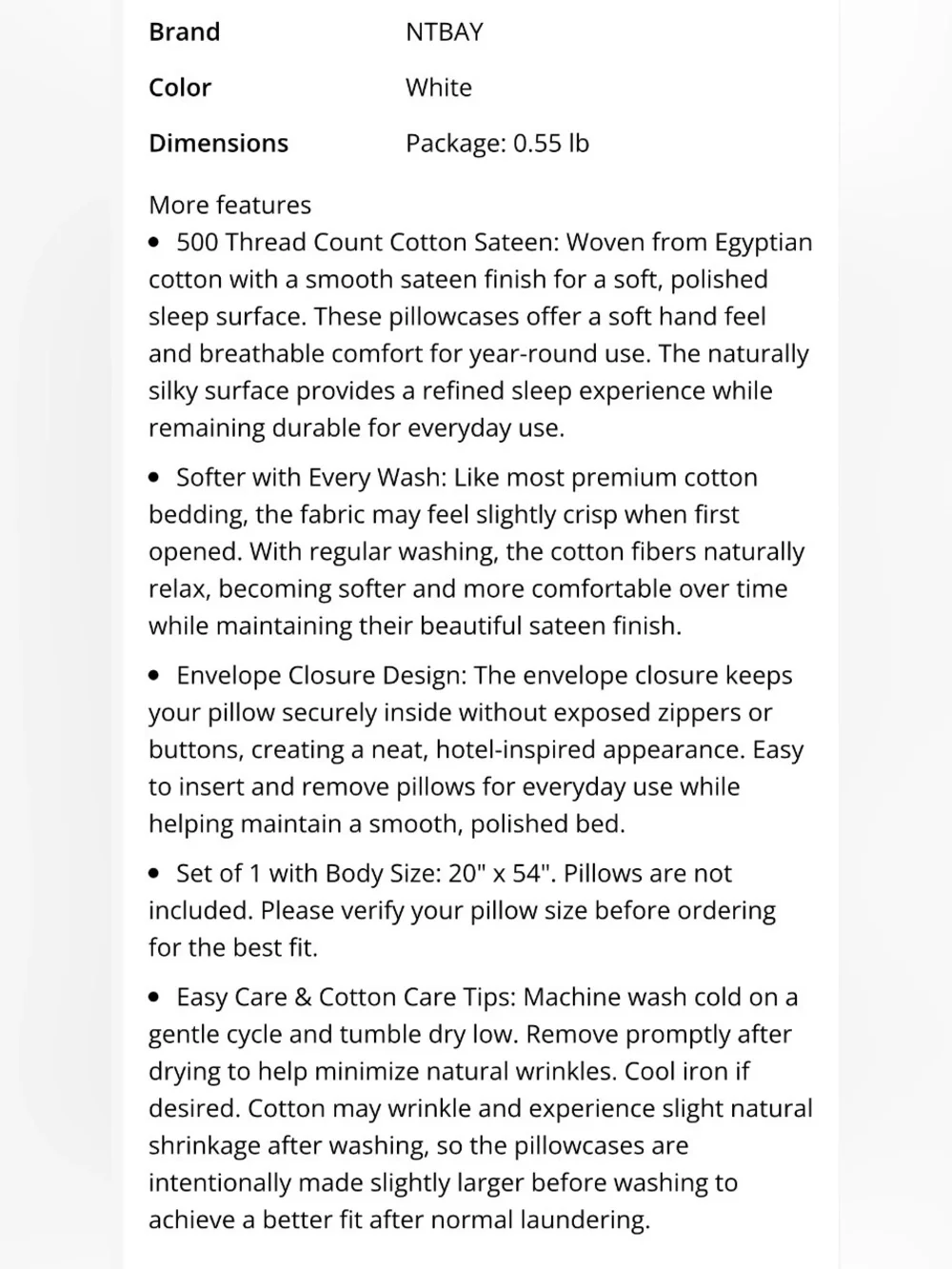 BODY PILLOW COVER Egyptian Cotton 20x54” WHITE